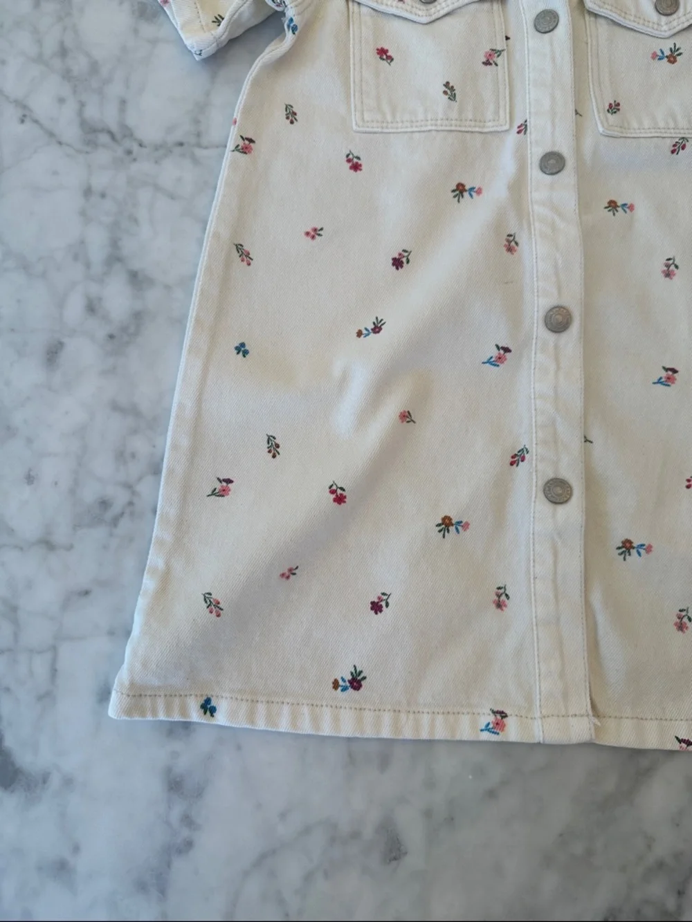 NWT ZARA Ivory Short-Sleeve Button Front Dress with Tiny Floral Embroidery 4Y